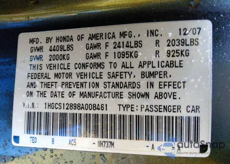 2008 Honda Accord 2.4 Ex-L z USA, uszkodzony, nr VIN 1HGCS12898A008461